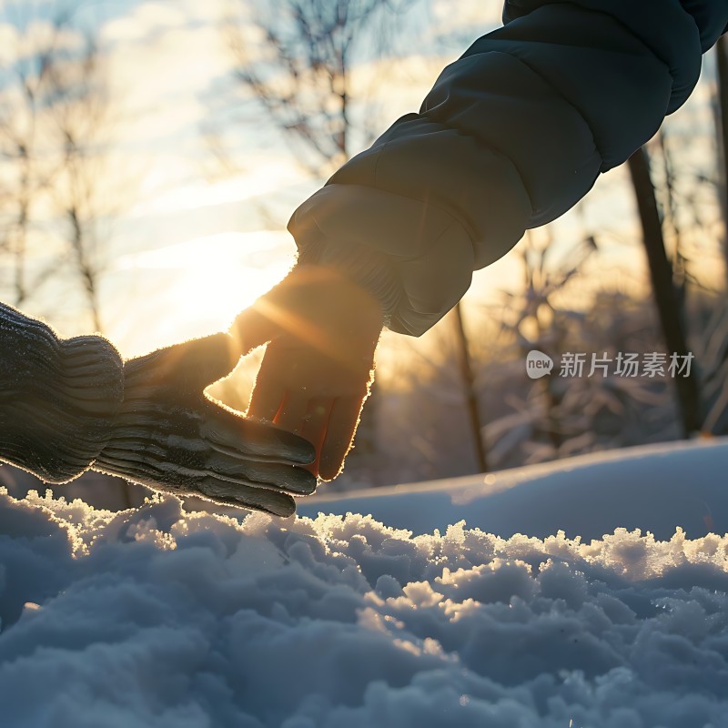 阳光下的温暖牵手雪地里的温馨瞬间