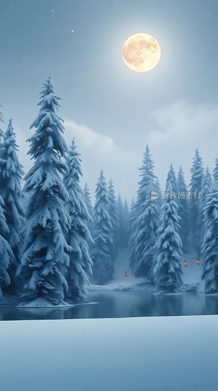 雪夜月下静谧森林
