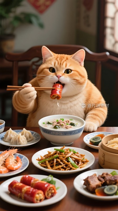 橘猫用筷子吃香肠餐桌美食丰盛