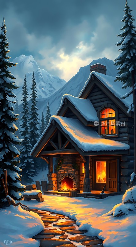 雪夜小木屋温馨 fireplace