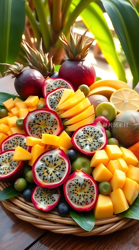 水果拼盘火龙果、芒果、柠檬等新鲜水果