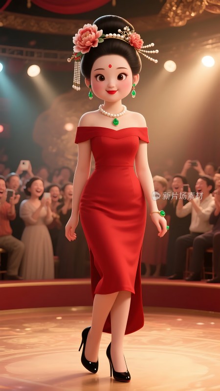 红裙佳人华丽舞台上的迷人风采
