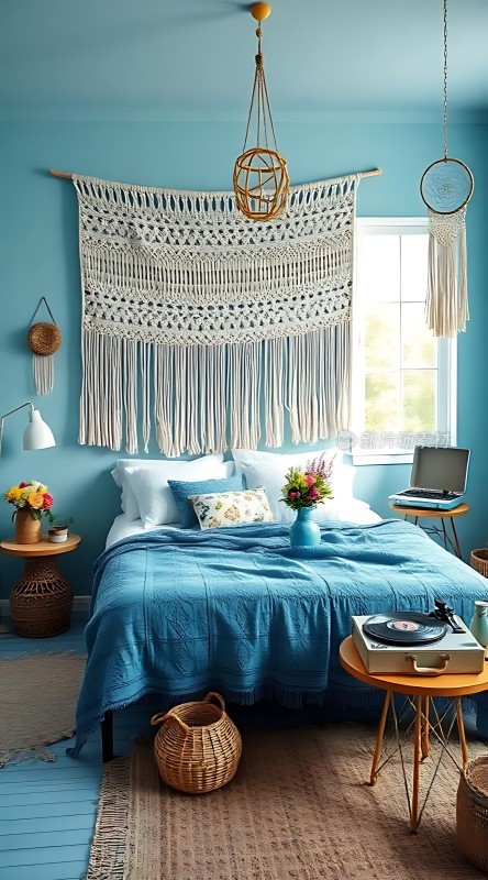 蓝色卧室温馨宁静床铺整洁装饰品丰富整体氛围舒适宜人