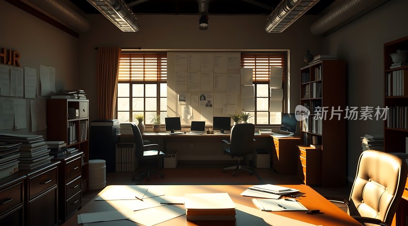 阳光洒满现代办公室整洁明亮的工作环境