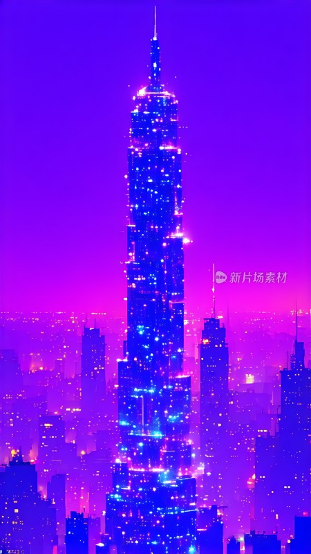 霓虹紫夜摩天大楼璀璨闪耀