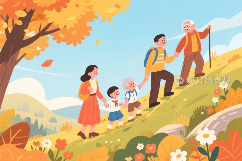一家人秋日户外登山场景