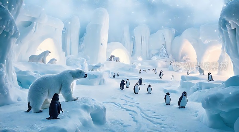 北极熊与企鹅共舞冰雪世界
