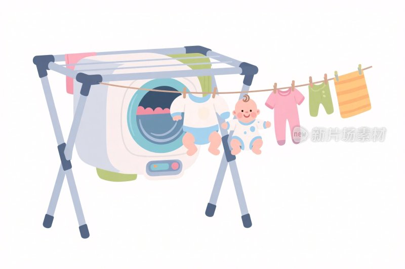 婴儿洗衣晾衣插画