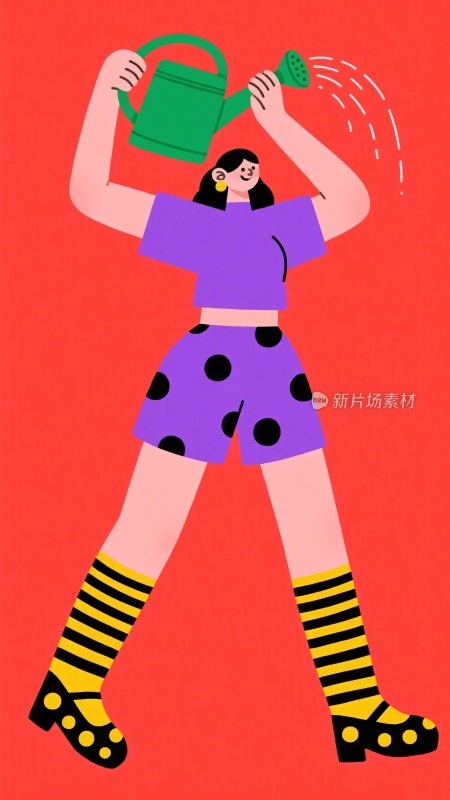 女孩举喷壶浇水插画