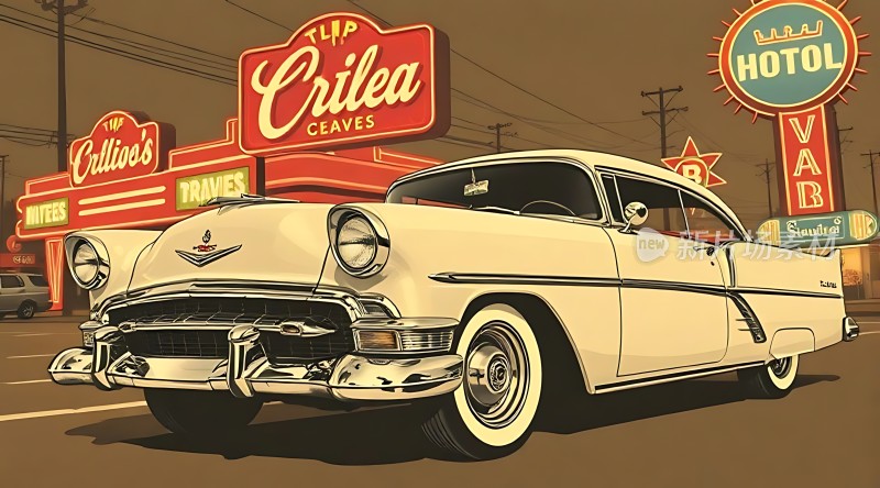 复古汽车与霓虹灯招牌