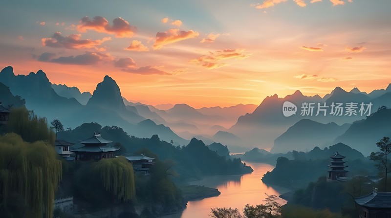 晨曦下的山水画卷