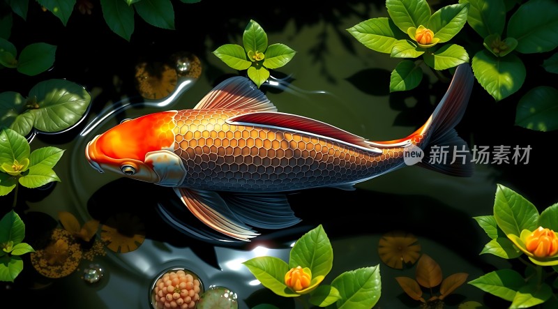 金鲤游弋绿波间