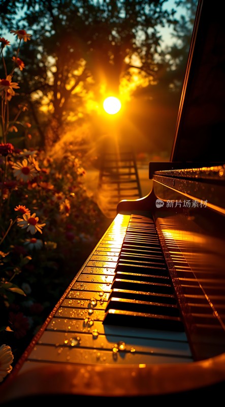 钢琴与夕阳下的花园