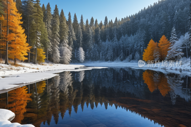 树木倒映在雪中的湖水中高清风景图片