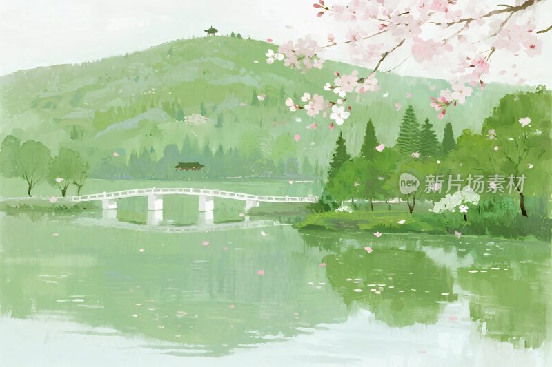 山水樱花春景图