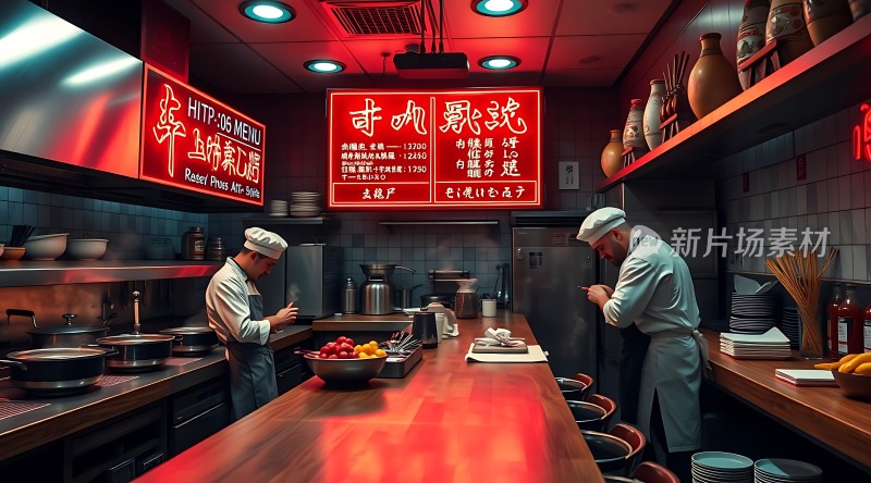 日式料理店里的两位厨师忙碌着准备美食