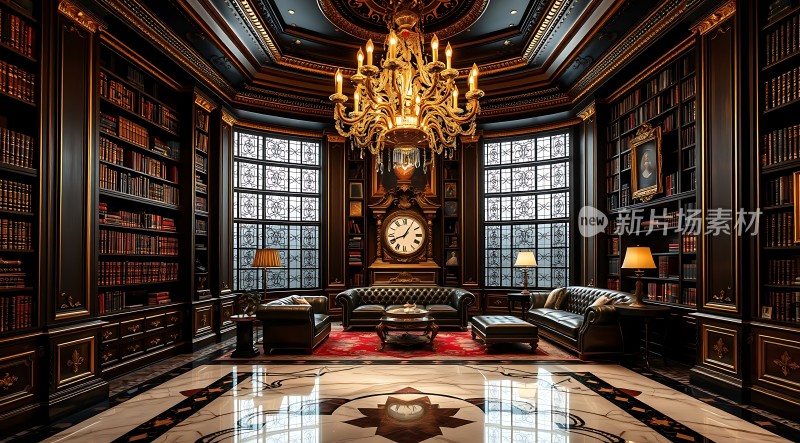 豪华书房古典优雅书架、沙发、吊灯尽显奢华
