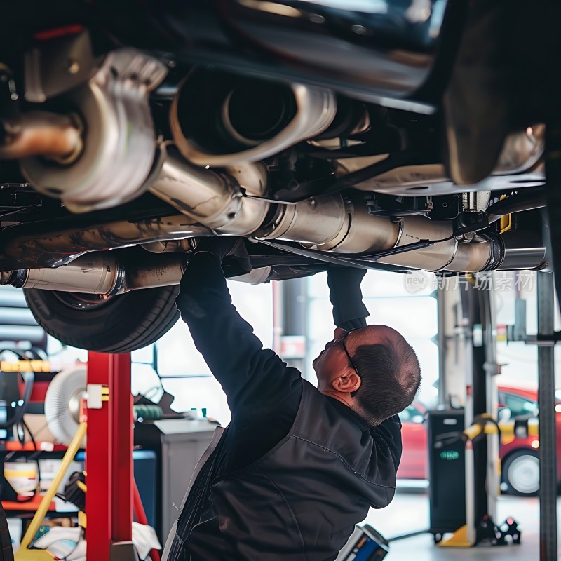 修车师傅专注检查汽车底盘