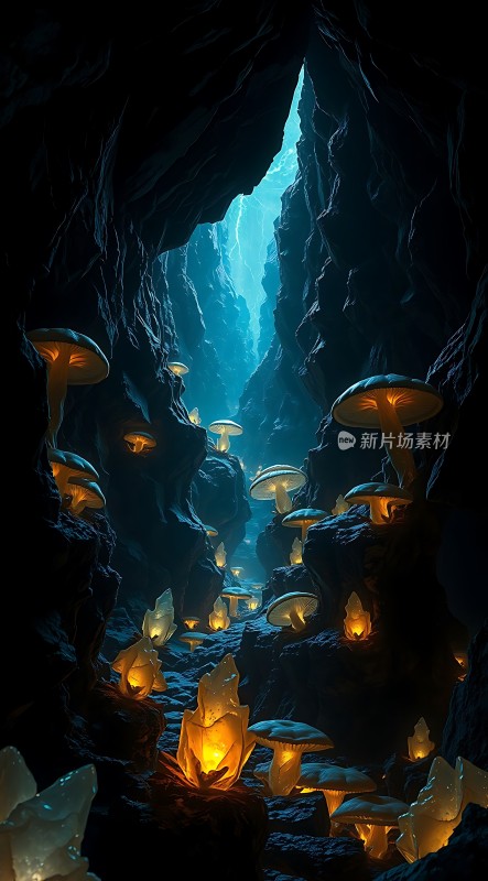 神秘洞穴中的发光蘑菇