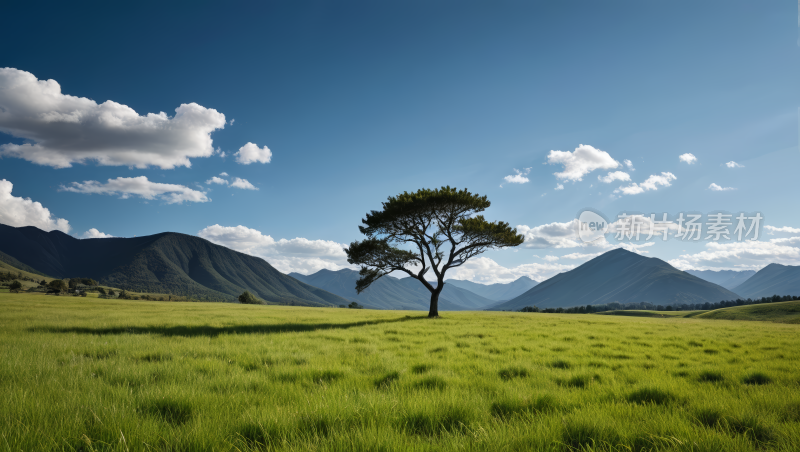 一棵孤独的树一片草地上山脉高清风景图片