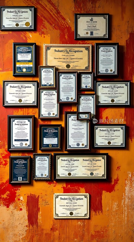 荣誉墙上的证书展示