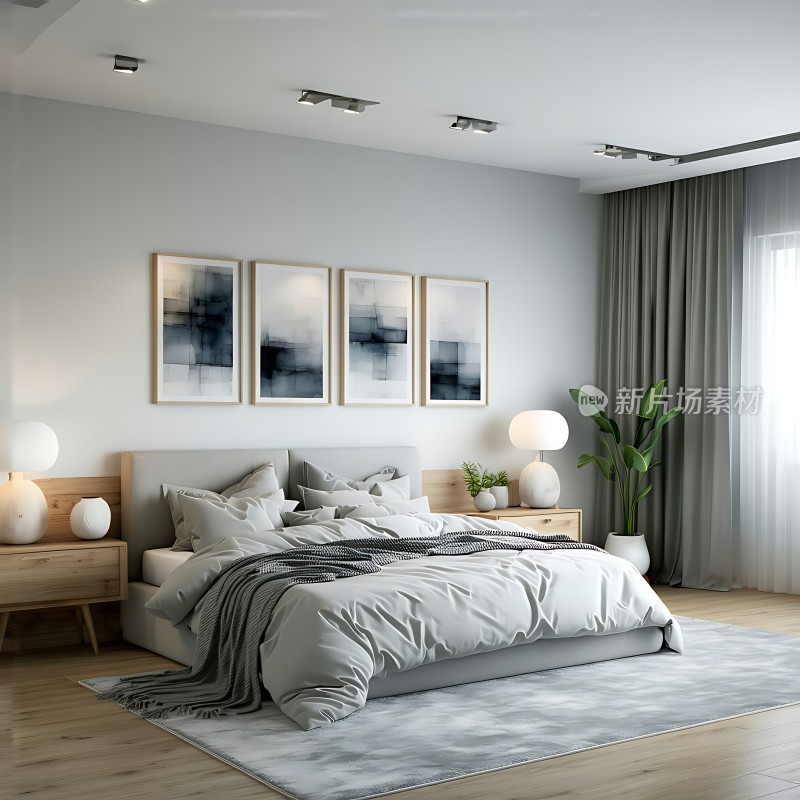 现代简约卧室灰白色调温馨舒适