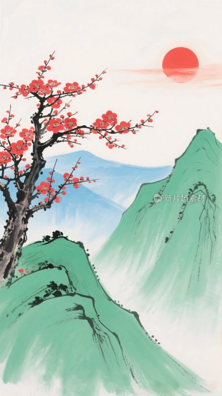 山水间红梅映红日图景