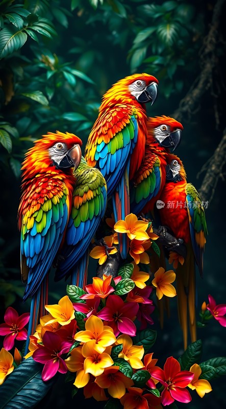 鹦鹉花丛中
