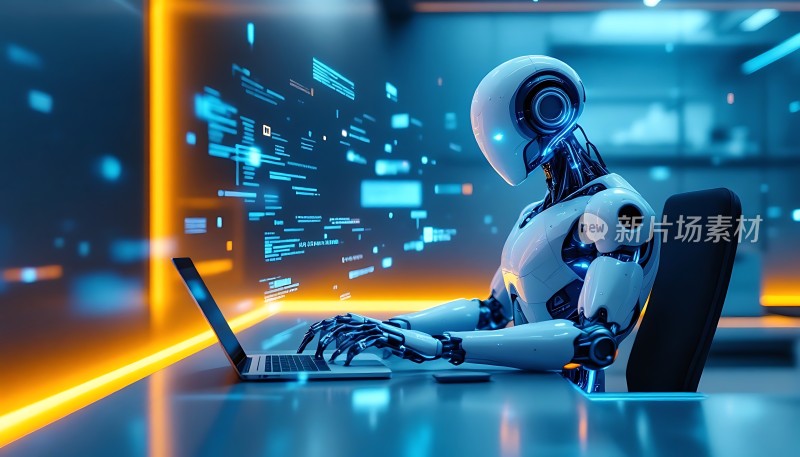 智能机器人操作电脑数据环绕科技感十足