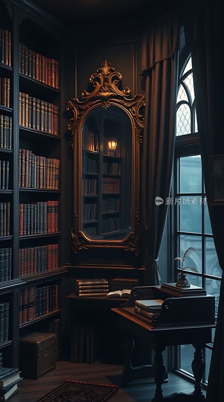 古董书架上的金色镜子与窗户