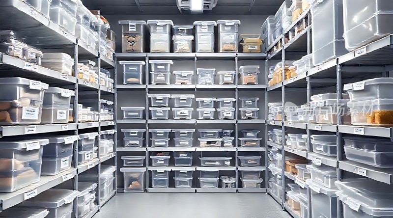 食品仓库整齐排列的透明储物箱展示多样食材