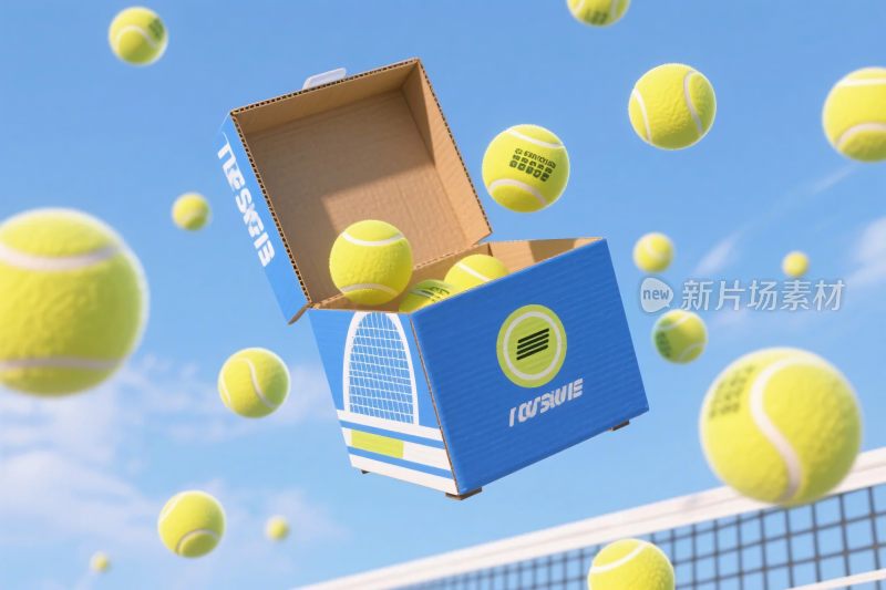 网球盒子与悬浮网球插画