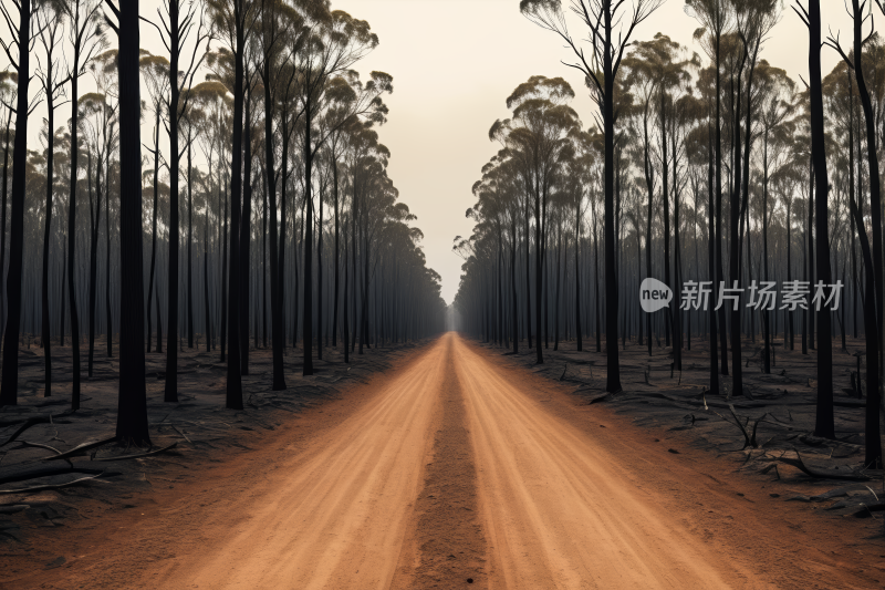 土路位于一片树木被烧毁的地区中央风景图片