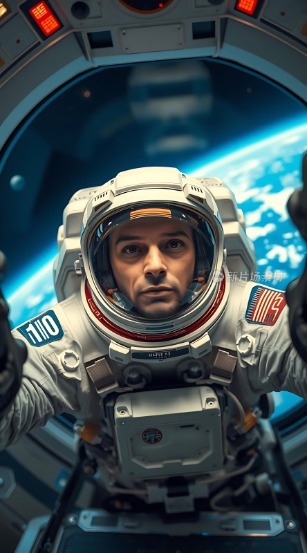 宇航员在太空舱内凝视地球