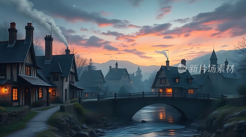 小镇黄昏温馨宁静的夜晚美景