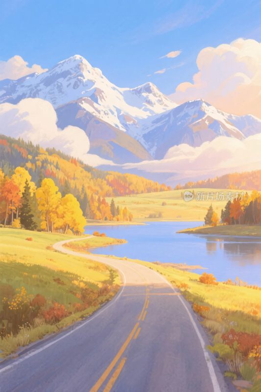 秋日山间公路风景插画