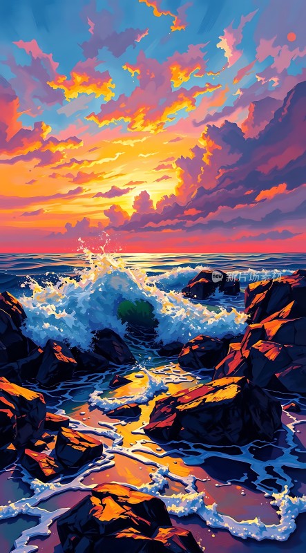 日落时分的海浪与岩石