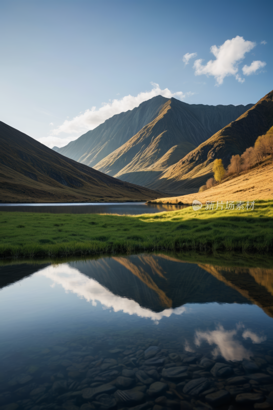 山倒映在湖中湖中长满草地和几棵树风景图片