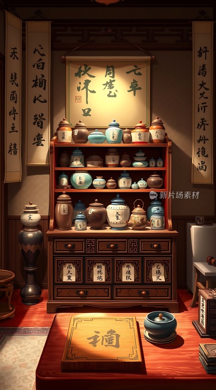 古风药铺中药罐与书法的结合