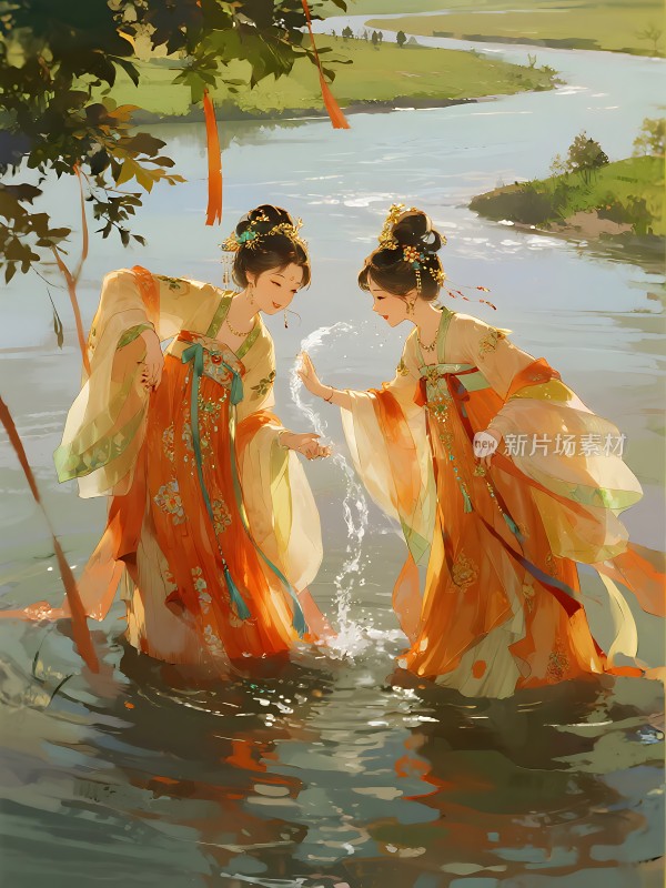 汉服佳人戏水图