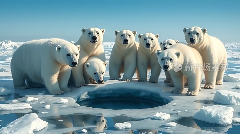 北极熊家族在冰面上观察水洞