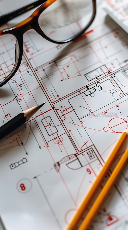 眼镜、铅笔与建筑图纸