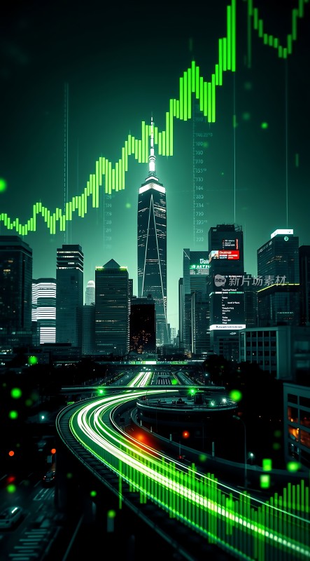 金融都市之夜绿色光带与摩天大楼