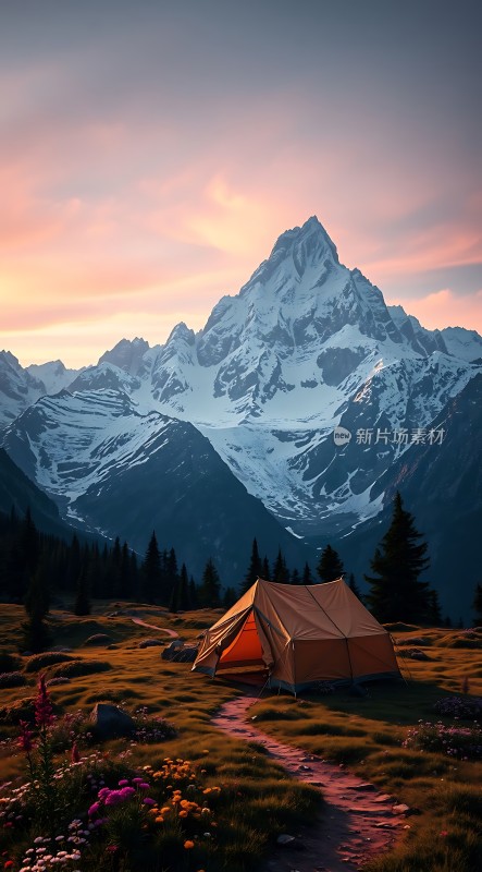 日落下的雪山露营