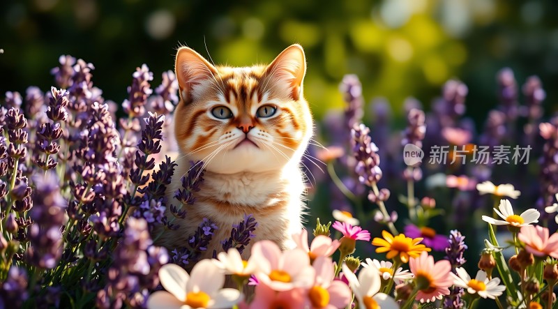 阳光下的花丛中一只橘色小猫探出头