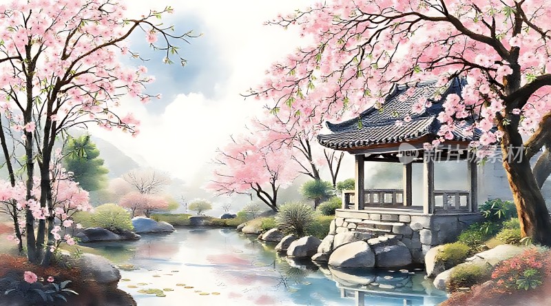 春意盎然古亭湖畔