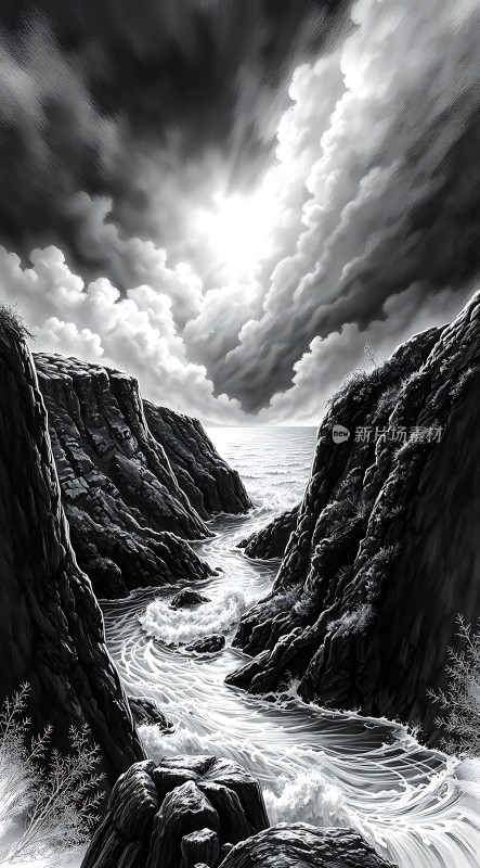 阳光下的海浪与岩石