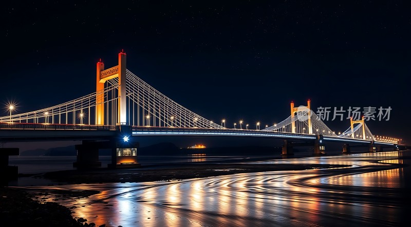 夜幕下灯火通明的跨江大桥