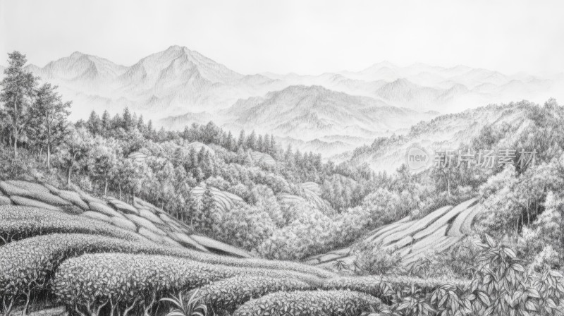 茶山茶叶茶树茶园中国风水墨画铅笔画