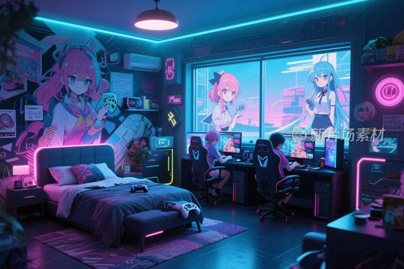 动漫风格电竞卧室插画